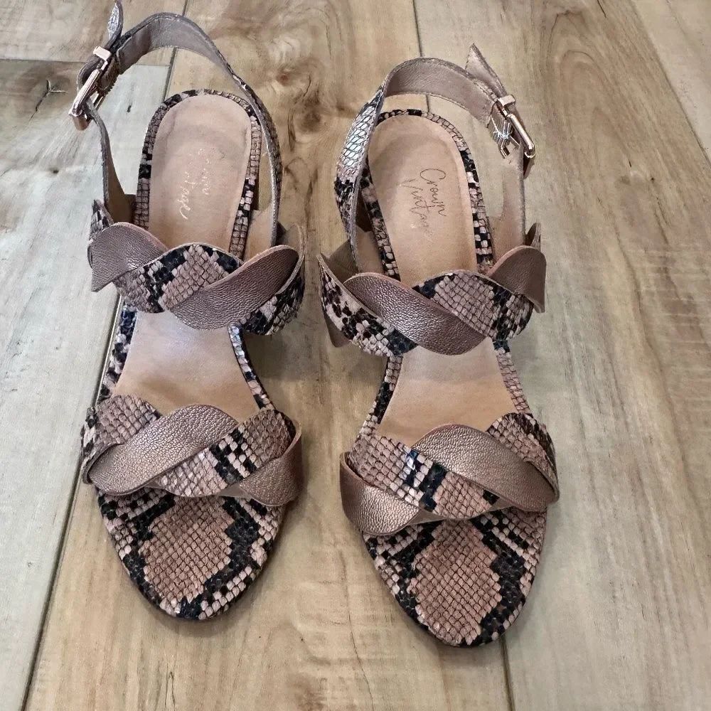 Crown Vintage Varenka Snakeskin Pattern Heel Open Toe Sandals Brown/Copper 8.5 - Picture 4 of 13